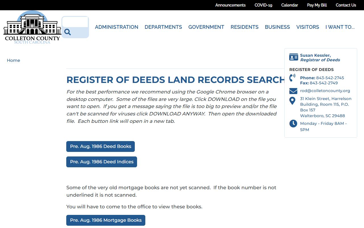 Colleton County land records search options page