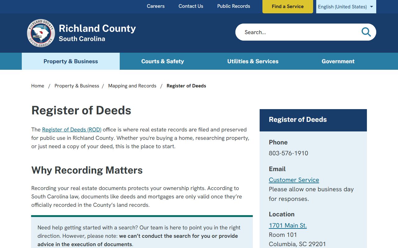 Richland County Register of Deeds website for property records in Columbia, South Carolina