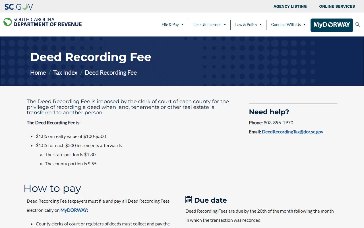 South Carolina property records SCDOR deed recording fee page