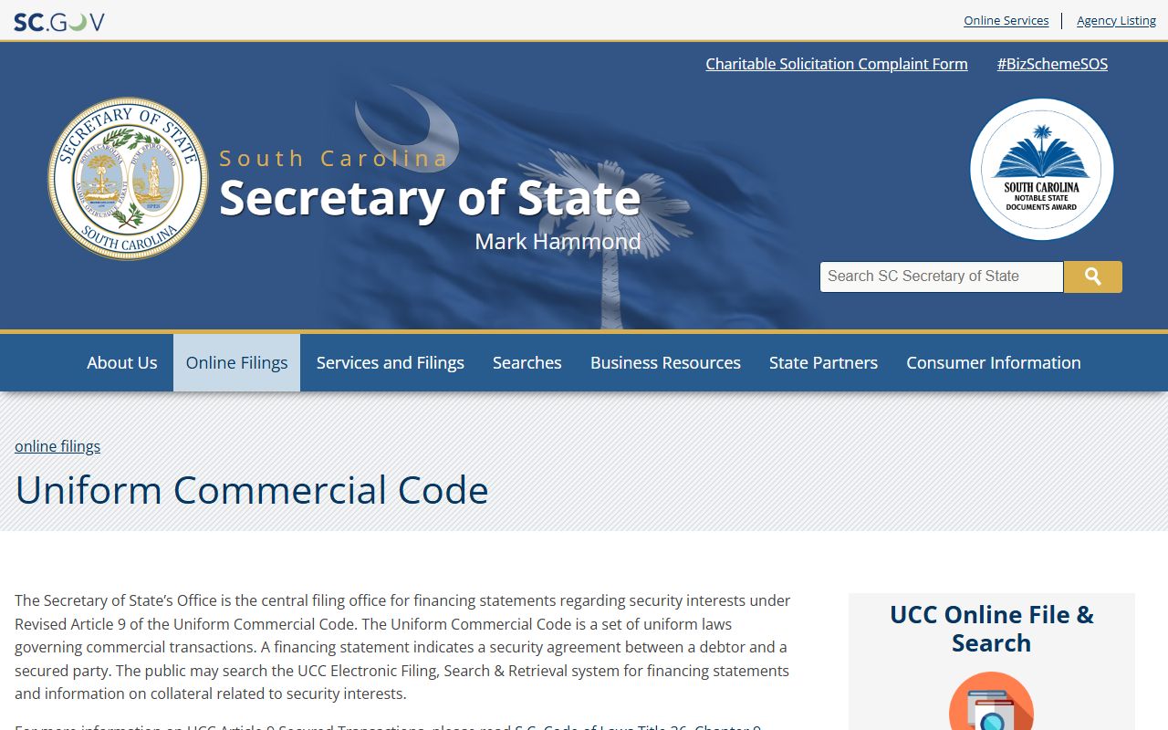 South Carolina property records Secretary of State UCC filing system
