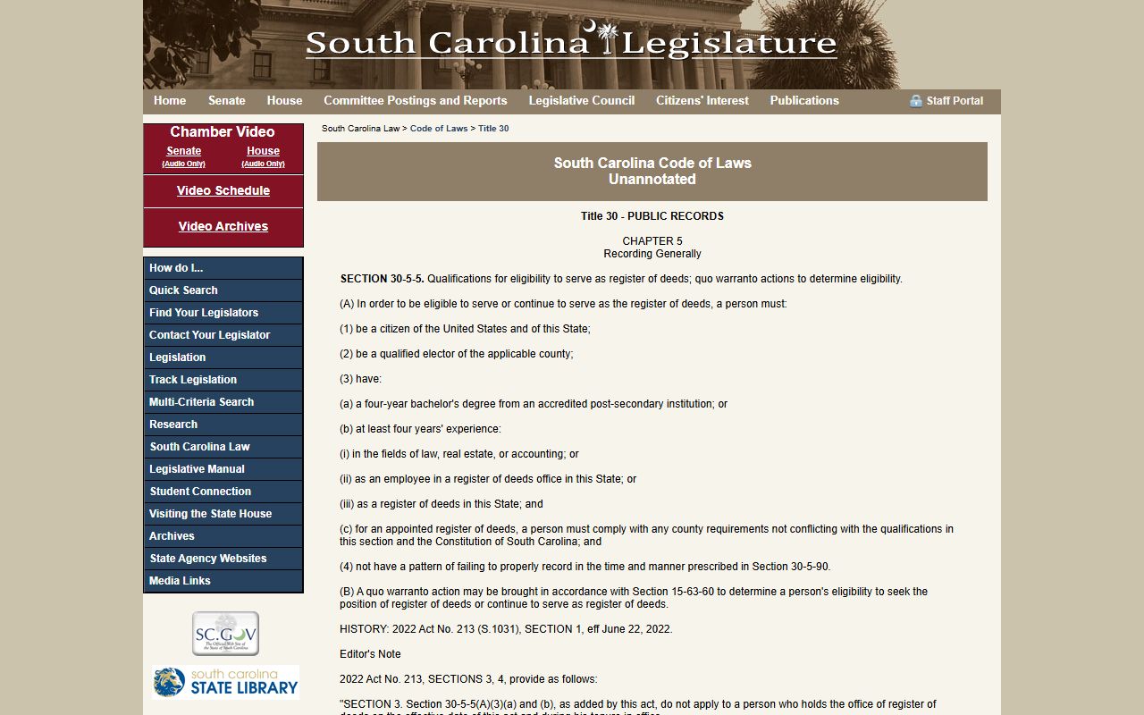 South Carolina property records Title 30 SC Code of Laws recording requirements