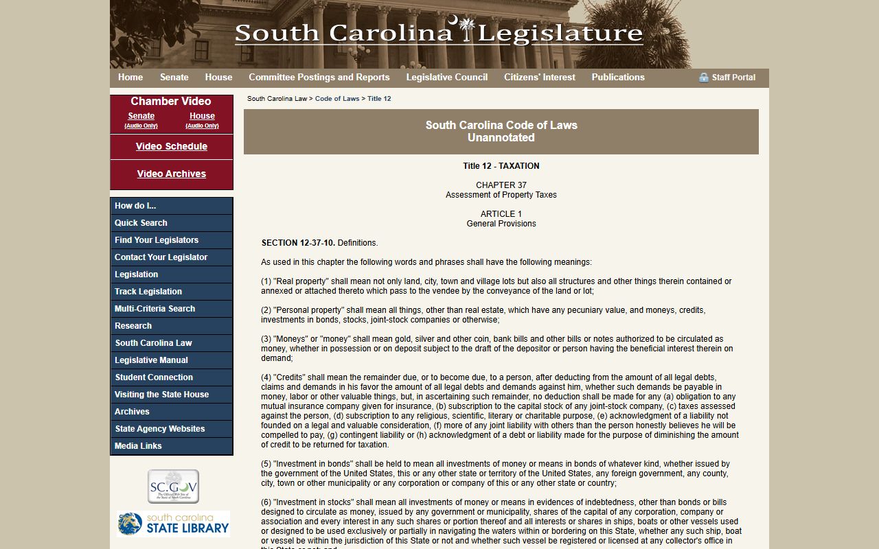 South Carolina property records Title 12 property tax assessment code